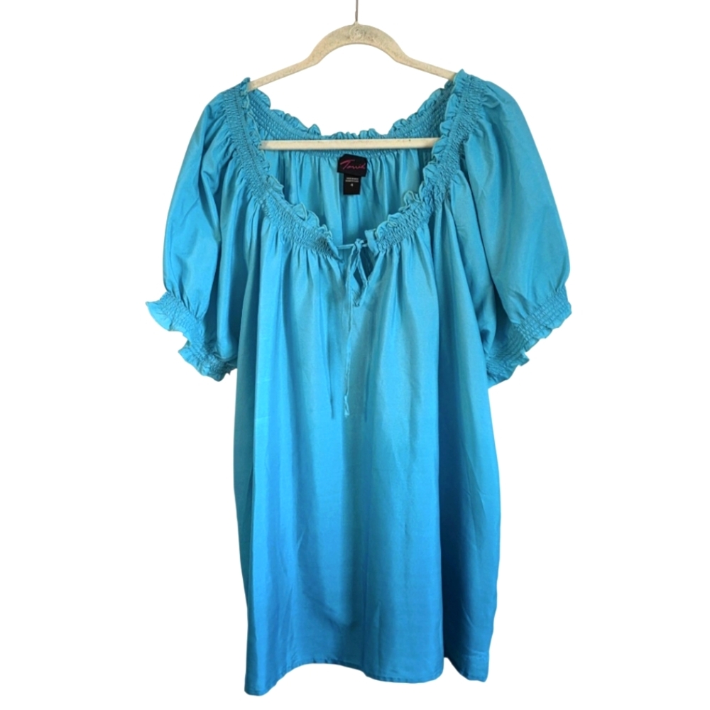 Torrid Size 4 Ombre Teal Blue Green Puff Sleeve Top with Elastic Neck and Tie
